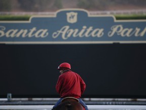 FILE - In this Oct. 29, 2014 file, photo, an outrider waits by the track as horses train for the Breeders' Cup horse races at Santa Anita Park in Arcadia, Calif. A person with direct knowledge of the situation says a 21st horse has died at Santa Anita. The person spoke to The Associated Press on the condition of anonymity Tuesday, March 5, 2019 because the fatality has not been announced publicly. A total of 21 horses have died since the racetrack's winter meet began on Dec. 26.