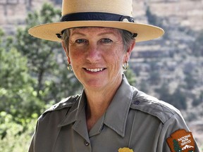 FILE - This May 19, 2018 file photo released by the National Park Service shows Grand Canyon National Park Superintendent, Christine Lehnertz at Grand Canyon National Park, Ariz. Lehnertz has not returned to her job nearly a month after being cleared of accusations she created a hostile work environment, improperly disciplined an employee and wasted park resources. The park announced last month that the investigation by the Interior Department's Office of Inspector General fully exonerated Lehnertz. The allegations were made public Tuesday, March 5, 2019, when the office released its investigative report.