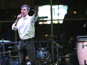FILE - In this Feb. 11, 2019 file photo former Democratic Rep. Beto O'Rourke speaks to a crowd inside a ball park inside the El Paso County Coliseum in El Paso, Texas. A growing list of Democratic presidential contenders want the U.S. government to legalize marijuana, reflecting a nationwide shift. O'Rourke, who appears poised to join the 2020 Democratic field, called again this week to end the federal prohibition on marijuana.