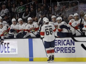 Florida Panthers' Mike Hoffman (68) celebrates his goal with teammates during the first period of an NHL hockey game Saturday, March 16, 2019, in Los Angeles.