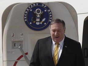 U.S. Secretary of State Mike Pompeo exits his plane as he arrives at Rafik Hariri international airport, in Beirut, Lebanon, Friday, March 22, 2019. Pompeo is in Beirut for a two day visit to meet with Lebanese officials.
