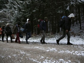 FILE - In this Nov. 28, 2018 file photo, a group of migrants moves through a forest in the Pljesevica Mountain in a attempt to illegally cross the border into Croatia. Amnesty International released a report on Wednesday, March 13, 2019, that accuses European Union nations of complacency in the "systematic, unlawful and frequently violent pushbacks" by Croatian border guards of thousands of asylum-seekers to squalid and unsafe refugee camps in Bosnia.