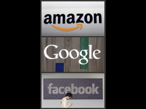 FILE - This photo combo of images shows the Amazon, Google and Facebook logos. A review into competition in the U.K.'s digital market says the country needs tough new rules to help counter the dominance of big tech giants like Facebook, Google and Amazon. The independent review published Wednesday, March 13, 2019 says global tech giants don't face enough competition and that existing rules are outdated and need to be beefed up.
