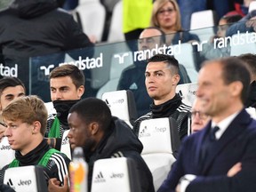 Juventus' Cristiano Ronaldo sits on the bench during the Italian Serie A soccer match between Juventus FC and Udinese Calcio at the Allianz Stadium in Turin, Italy, Friday, March 8, 2019.