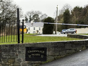 The Greenvale Hotel in Co. Tyrone, in Northern Ireland, Monday March 18, 2019. Police say two 17-year-olds and a 16-year-old have died after a crowd revelers trying to get into an event at the Greenvale Hotel on St. Patrick's Day caused what appears to be crush near a hotel entrance.