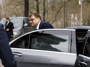 Finland's Prime Minister Juha Sipila arrives to announce his cabinet's resignation, in Helsinki, Finland, Friday March 8, 2019. Finnish Prime Minister Juha Sipila's center-right government has resigned after failing to push through a planned social and health reform.