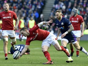 Wales' George North collects the ball during the match against Scotland, during their Six Nations rugby match at BT Murrayfield Stadium in Edinburgh, Scotland, Saturday March 9, 2019.