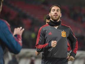 Spain team captain Sergio Ramos warms up before the Euro 2020 group F qualifying soccer match between Malta and Spain at the national stadium Ta Qali Malta, Tuesday, March 26, 2019.