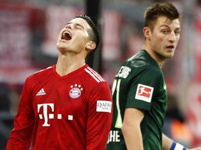 Bayern's James reacts during the German Bundesliga soccer match between FC Bayern Munich and VfL Wolfsburg in Munich, Germany, Saturday, March 9, 2019.