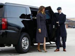 First lady Melania Trump boards an aircraft Monday, March 4, 2019, at Andrews Air Force Base, Md., en route to Tulsa, Okla., to begin a two-day, three-state swing to promote her Be Best campaign.