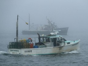FILE-In this July 25, 2018 file photo, lobster boats head out to sea off of South Portland, Maine.  Maine officials say lobstermen brought more than 119 million pounds (54 million kilograms) of the state's signature seafood ashore in 2018, with the second-highest value on record.