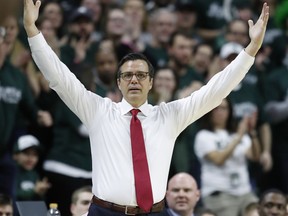 Nebraska head coach Tim Miles on the sidelines during the first half of an NCAA college basketball game against Michigan State, Tuesday, March 5, 2019, in East Lansing, Mich.