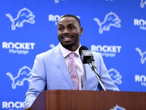 Detroit Lions cornerback Justin Coleman speaks  during a press conference at the NFL football team's training facility in Allen Park, Mich., Thursday, March 14, 2019.
