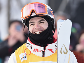 Mikael Kingsbury of Canada celebrates during day two of the Men's FSI Freestyle Skiing World Cup Tazawako on Feb. 24, 2019 in Senboku, Japan.