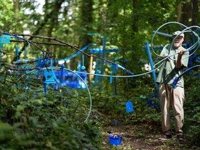 In this Aug. 30, 2018 photo, artist Robert Park works on The Blue Loop,a 1,000-foot art installation on his property in Bath Township, Mich. Public support has helped Park keep his outdoor art installation after officials initially ruled that the thousands of found objects violated an anti-junk ordinance.