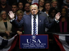 FILE - In this Dec. 9, 2016, file photo, President-elect Donald Trump speaks to supporters during a rally, in Grand Rapids, Mich. The area around Grand Rapids has been very good to President Donald Trump, helping deliver him to the White House in 2016 with a victory in a blue state he wasn't supposed to win. But as Trump returns to Grand Rapids for a rally Thursday, March 28, 2019, there is cause for Republicans to worry.
