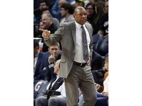 Los Angeles Clippers head coach Doc Rivers questions a call in the second half of an NBA basketball game against the Minnesota Timberwolves Tuesday, March 26, 2019, in Minneapolis. The Clippers won 122-111.