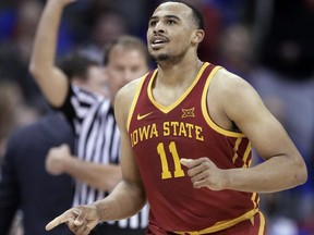 Iowa State guard Talen Horton-Tucker (11) celebrates a basket during the first half of the team's NCAA college basketball game against Kansas in the final of the Big 12 men's tournament in Kansas City, Mo., Saturday, March 16, 2019.