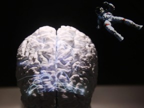 A model of a human brain is used to illustrate the flexible graphene technology used for the mapping of brain activity at the MWC Barcelona in Barcelona, Spain, on Monday, Feb. 25, 2019.