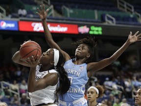 Notre Dame's Jackie Young, left, drives against North Carolina's Shayla Bennett, right, during the first half of an Atlantic Coast Conference women's tournament NCAA college basketball game in Greensboro, N.C., Friday, March 8, 2019.