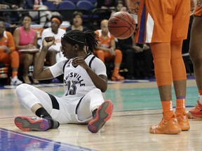 Louisville's Jazmine Jones (23) reacts after making a basket and being fouled during the first half of an NCAA college basketball game against Clemson in the Atlantic Coast Conference women's tournament in Greensboro, N.C., Friday, March 8, 2019.