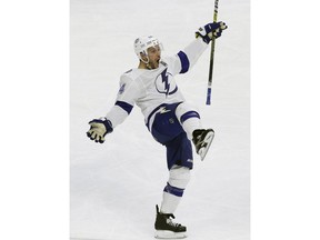 Tampa Bay Lightning's Ryan Callahan celebrates what proved to be the winning goal against the Carolina Hurricanes during the third period of an NHL hockey game in Raleigh, N.C., Thursday, March 21, 2019.