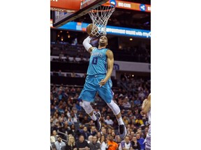 Charlotte Hornets forward Miles Bridges (0) dunks against the Minnesota Timberwolves in the first half of an NBA basketball game in Charlotte, N.C., Thursday, March 21, 2019.