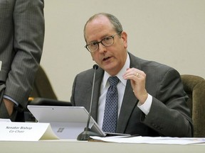 FILE - In this Jan. 22, 2018 file photo, N.C. Sen. Dan Bishop speaks during a joint N.C. House-Senate committee meeting on judicial reform and redistricting held at the Legislative Office Building in downtown Raleigh, N.C.  Bishop of Charlotte filed on Thursday, March 14, 2019 to run in the 9th Congressional District re-do election. He faces at least two others in May's Republican primary.