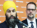 NDP leader Jagmeet Singh announces Montreal MP Alexandre Boulerice as deputy leader of the party during a news conference, March 11, 2019.