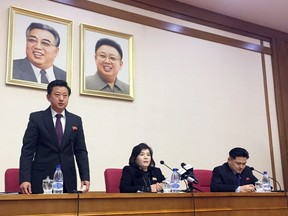 North Korean Vice Foreign Minister Choe Son Hui, center, speaks at a gathering for diplomats in Pyongyang, North Korea on Friday, March 15, 2018.  (AP Photo/Eric Talmadge) ORG XMIT: PRKET101