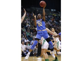 UCLA's Kennedy Burke (22) shoots during the first half of the team's NCAA college basketball game against Oregon in the semifinals of the Pac-12 women's tournament Saturday, March 9, 2019, in Las Vegas.