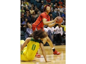 Arizona's Semaj Smith shoots over Oregon's Satou Sabally during the first half of an NCAA college basketball game at the Pac-12 women's tournament Friday, March 8, 2019, in Las Vegas.