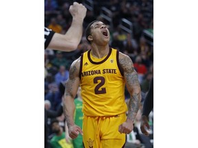 Arizona State's Rob Edwards celebrates after a play against Oregon during the first half of an NCAA college basketball game in the semifinals of the Pac-12 men's tournament Friday, March 15, 2019, in Las Vegas.
