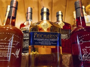 FILE - In this March 19, 2015 file photo, bottles of spirits are on display at the Prichard's Distillery in Nashville, Tenn. A spirits industry trade group says the tariff-induced hangover for American whiskey producers became more painful in late 2018. The Distilled Spirits Council said Thursday, March 20, 2019  that a downturn in American whiskey exports accelerated at the end of last year, especially in the European Union _ the industry's biggest overseas market.