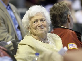 FILE- This April 18, 2009 file photo shows former first lady Barbara Bush during the third inning of a Major League Baseball game in Houston.  In excepts of an upcoming biography, "The Matriarch," published Wednesday, March 27, 2019,  in USA Today, the former first lady discussed how her trouble with congestive heart failure and chronic pulmonary disease were aggravated by Trump's attacks on her son, Jeb, during the Republican presidential primaries.  Bush was 92 when she died in April 2018.