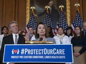 FILE - In this March 26, 2019 file photo, Speaker of the House Nancy Pelosi, D-Calif., joined at left by Energy and Commerce Committee Chair Frank Pallone, D-N.J., speaks at an event to announce legislation to lower health care costs and protect people with pre-existing medical conditions, at the Capitol in Washington.  If former President Barack Obama's health law is struck down entirely, Congress would face an impossible task: pass a comprehensive health overhaul to replace it that both Speaker Nancy Pelosi and President Donald Trump can agree to. The failed attempt to repeal "Obamacare" in 2017 proved to be toxic for congressional Republicans in last year's midterm elections and they are in no mood to repeat it.
