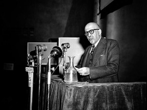 FILE - In this April 22, 1949 file photo, W.E.B. Du Bois, educator, writer and co-chairman of the U.S. delegation, addresses the World Congress of Partisans of Peace at the Salle Pleyel in Paris, France. A Harvard University choir group that rejected author W.E.B. Du Bois when he was a student because he was black will be celebrating his work through a musical tribute. The Harvard Glee Club will perform a concert inspired by Du Bois' 1903 book "The Souls of Black Folk" on Saturday, March 2, 2019 at the Cambridge campus.