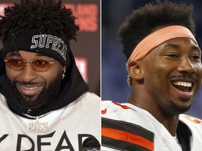 FILE - These are 2018 file photos showing, from left, New York Giants wide receiver Odell Beckham, Cleveland Browns wide receiver Jarvis Landry, Browns defensive end Myles Garrett and Browns quarterback Baker Mayfield. One of the architects of Kansas City's turnaround, Cleveland Browns general manager John Dorsey has revamped a Cleveland roster that now includes Beckham, Landry, Garrett and Mayfield.  (AP Photo/File)