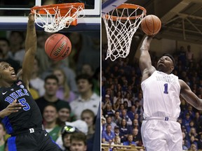 FILE - At left, in a Jan. 28, 2019, file photo, Duke's RJ Barrett (5) dunks against Notre Dame during the second half of an NCAA college basketball game, in South Bend, Ind. At right, in a Jan. 19, 2019, file photo, Duke's Zion Williamson (1) drives to the basket against Virginia during the second half of an NCAA college basketball game, in Durham, N.C. Duke freshmen RJ Barrett and Zion Williamson are 1-2 in the league in scoring. They could end up that way for top ACC player, too. (AP Photo/File)