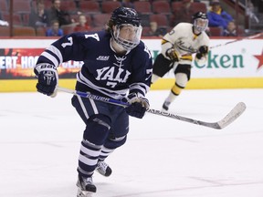 FILE - In this Jan. 10, 2016, file photo, Yale forward Joe Snively (7) skates during the first period of an NCAA college game against Michigan Tech at the Desert Hockey Classic tournament, in Glendale, Ariz. The Washington Capitals have signed college free agent forward and local product Joe Snively to a two-year entry-level contract that begins next season. General manager Brian MacLellan announced the deal Monday, March 18, 2019.