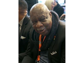 FILE - In this March 18, 2014, file photo, former New York Knicks player Cal Ramsey attends a news conference at New York's Madison Square Garden. Ramsey, who starred at NYU in the 1950s and went on to play and broadcast for the New York Knicks, died Monday, March 25, 2019. He was 81. The Knicks said he died of cardiac arrest at The Riverside Premier Rehabilitation and Healing Center in Manhattan.