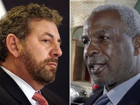 FILE - At left, in a March 18, 2014, file photo, James Dolan, executive chairman of Madison Square Garden, listens to a question at a news conference, in New York. At right, in an April 11, 2017, file photo, former New York Knicks basketball player Charles Oakley talks to the press after an appearance in Manhattan Criminal Court, in New York. New York Knicks great Charles Oakley is tired of "bully" team owner James Dolan threatening to ban fans from Madison Square Garden. Oakley, the former NBA enforcer and rebounding machine with the Knicks, said Dolan was wrong to mouth off at a fan who encouraged him to sell the team during a loss at MSG. (AP Photo/File)