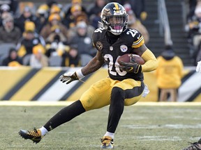 FILE - In this Sunday, Jan. 14, 2018 file photo, Pittsburgh Steelers running back Le'Veon Bell carries the ball against the Jacksonville Jaguars during the second half of an NFL divisional football AFC playoff game in Pittsburgh. Defense is the area with the most depth in this year's free agency class, Monday, March 11, 2019.