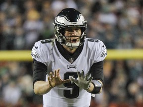 FILE - In this Sunday, Dec. 30, 2018 file photo, Philadelphia Eagles quarterback Nick Foles (9) calls for the snap during the first half of the NFL football game between the Washington Redskins and the Philadelphia Eagles in Landover, Md. Defense is the area with the most depth in this year's free agency class, Monday, March 11, 2019.