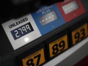 FILE- This Nov. 16, 2018, file photo shows gas prices at a pump in West Mifflin, Pa. On Tuesday, March 12, 2019, the Labor Department reports on U.S. consumer prices for February.