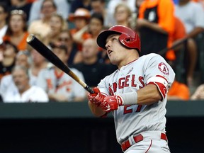 FILE - In this Aug. 19, 2017, file photo, Los Angeles Angels' Mike Trout watches his solo home run in the first inning of a baseball game against the Baltimore Orioles in Baltimore. A person familiar with the negotiations tells The Associated Press Tuesday, March 19, 2019, that Trout and the Angels are close to finalizing a record $432 million, 12-year contract that would shatter the record for the largest deal in North American sports history.