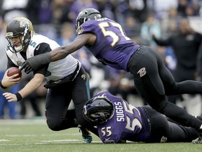 FILE - In this Dec. 14, 2014, file photo, Jacksonville Jaguars quarterback Blake Bortles (5) is sacked by Baltimore Ravens linebackers C.J. Mosley (57) and Terrell Suggs (55) during the first half of an NFL football game in Baltimore. With unrestricted free agent linebackers C.J. Mosley, Terrell Suggs and Za'Darius Smith headed elsewhere after the release last week of safety Eric Weddle, the Ravens lost four key contributors while adding much-needed salary cap space.