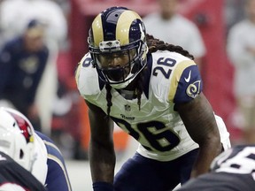 FILE - In this Oct. 2, 2016, file photo, Los Angeles Rams outside linebacker Mark Barron (26) looms over the line of scrimmage during an NFL football game against the Arizona Cardinals in Glendale, Ariz. The Pittsburgh Steelers signed Barron to a two-year deal on Tuesday, March 19, 2019.