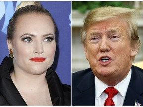 This combination photo shows TV personality Meghan McCain at the 26th Annual GLAAD Media Awards in Beverly Hills, Calif. on March 21, 2015, left, and President Donald Trump in the Oval Office of the White House in Washington on March 7, 2019. Meghan McCain says President Donald Trump's life is "pathetic" after his Twitter attack against her father, the late Sen. John McCain. She fired back Monday, March 18, 2019, at Trump on "The View" after the president tweeted comments over the weekend criticizing her father, who died last year after battling brain cancer.