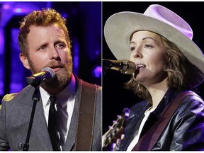 This combination photo shows Dierks Bentley, left, and Brandi Carlile who will collaborate on a performance at the ACM Awards  airing on April 7 on CBS. The ACM Awards will also feature collaborations between pop star Khalid and Kane Brown and pop star Kelly Clarkson pulling double-duty with performances with both Jason Aldean and Dan + Shay. (AP Photo)